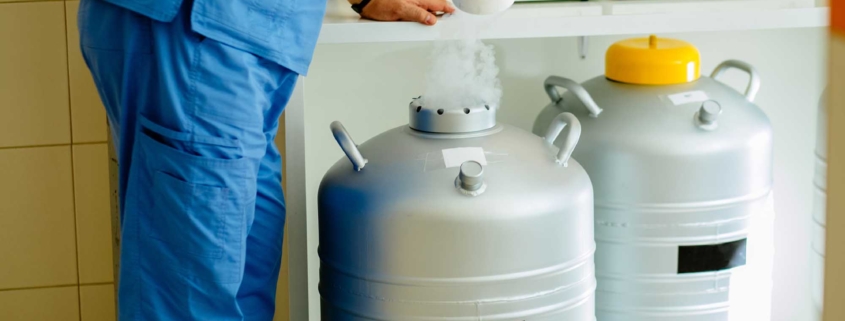 View of a medical worker changing the liquid nitrogen