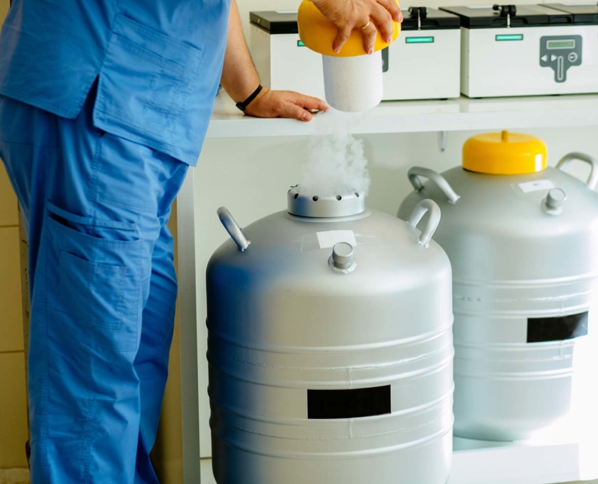 a worker wearing blue apparel is holding the top portion of a gas container