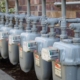 Side view of a row of gas meters with full manifolding